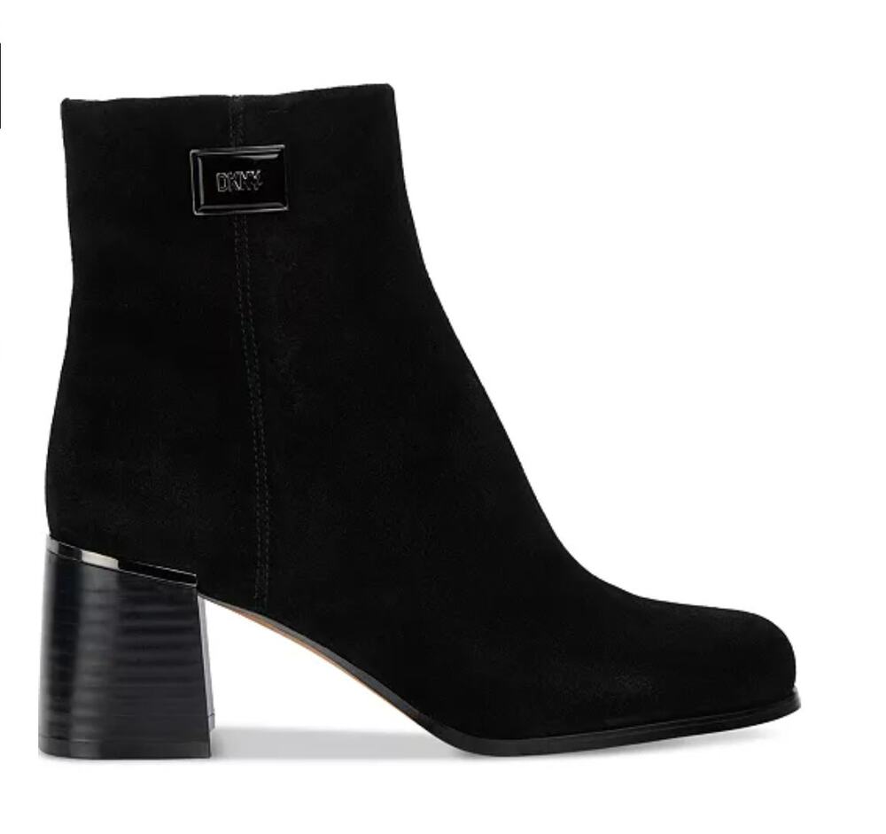DKNY Ranya Zip Ankle Booties Black Suede Size 8 NIB Dressy Casual Block Heel